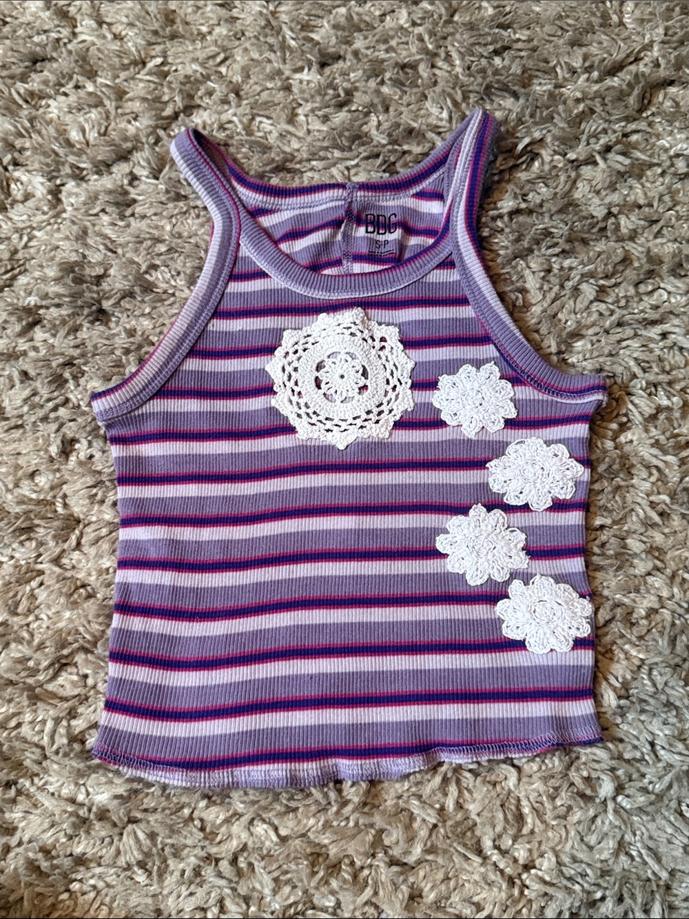 Upcycled BDG Purple Striped Crop Tank with White Crochet Floral Appliqués